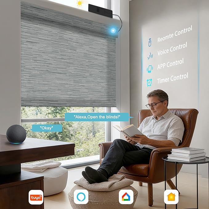 BERISSA Smart Motorized Blinds with Remote,No Drill Automatic Roller Blinds for Indoor Windows,Light Filtering Linen Fabric,Electric Shades for Windows Home Office,Filter Jacquard Grey,Custom Size