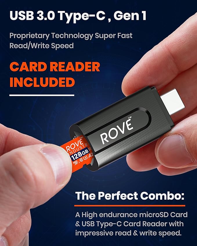 ROVE Industrial 128GB Micro SD Card with USB 3.0 Type C Card Reader, High Endurance microSDXC Memory Card 100MB/s Read Speed, C10, U3, V30, 4K, A2 for Dash Cam, Android Smart Phones, Tablets, Games