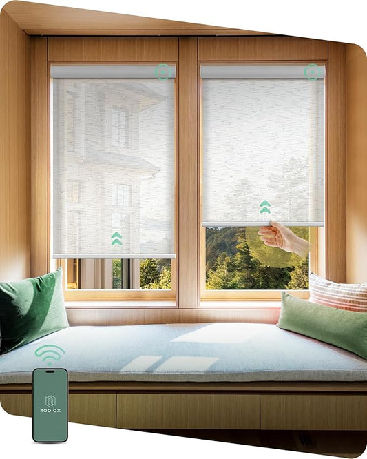 Yoolax Motorized Shades Dual Control, MotionFlex Motorized Solar Shades with App & Manual Control, Fireproof Waterproof Automatic Blinds for Indoor Windows, Custom Size (5% Openness Starry White)