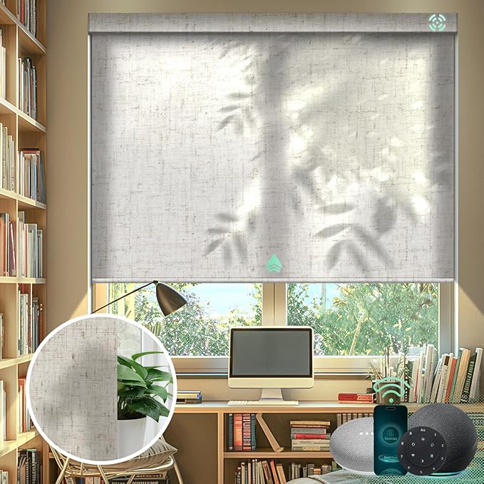 Yoolax Motorized Blinds with Remote, Light Filtering Smart Blinds Work with Alexa, Google, Automatic Roller Shades for Windows, Custom Electric Shades for Living Room Office (Linen Beige)