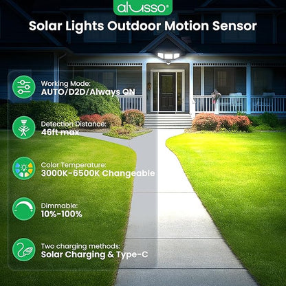 ALUSSO Solar Lights Outdoor Motion Sensor 400LM, LED Security Lights with Remote, 3 Modes (Dusk to Dawn/Auto/On Time), CCT 3000K-6500K Waterproof Flood Light for Garden Yard Garage, 1 Pc Black