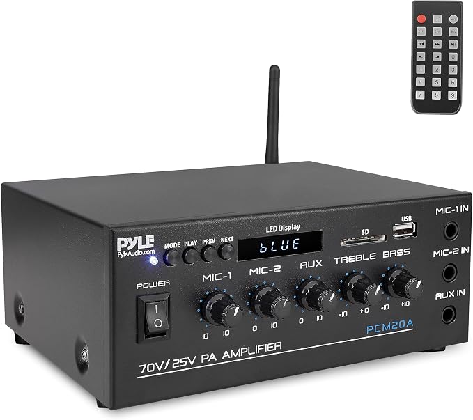 Pyle Compact Mini Home Power Amplifier - 40W Smart Small Audio Stereo Receiver w/AUX, 2 Microphone in, COM/8-Ohm/25V/70V Speakers, LED, Input Selector, for PA, Amplified Speaker Sound System PCM20A.5 | COM/8-Ohm/25V/70V Connect, LED Display - PCM20A.5
