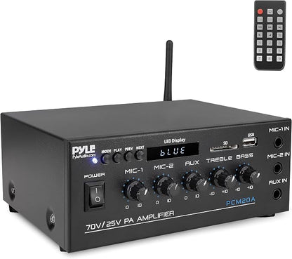Pyle Compact Mini Home Power Amplifier - 40W Smart Small Audio Stereo Receiver w/AUX, 2 Microphone in, COM/8-Ohm/25V/70V Speakers, LED, Input Selector, for PA, Amplified Speaker Sound System PCM20A.5 | COM/8-Ohm/25V/70V Connect, LED Display - PCM20A.5