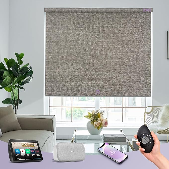 Graywind Motorized 100% Blackout Roller Shades Work with Alexa Google via Hub Window Blinds Remote Control Rechargeable Battery Motor with Valance for Smart Home and Office (Grey Brown)