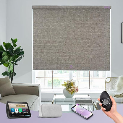 Graywind Motorized 100% Blackout Roller Shades Work with Alexa Google via Hub Window Blinds Remote Control Rechargeable Battery Motor with Valance for Smart Home and Office (Grey Brown)