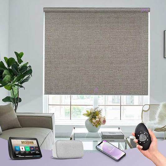 Graywind Motorized 100% Blackout Roller Shades Work with Alexa Google via Hub Window Blinds Remote Control Rechargeable Battery Motor with Valance for Smart Home and Office (Grey Brown)