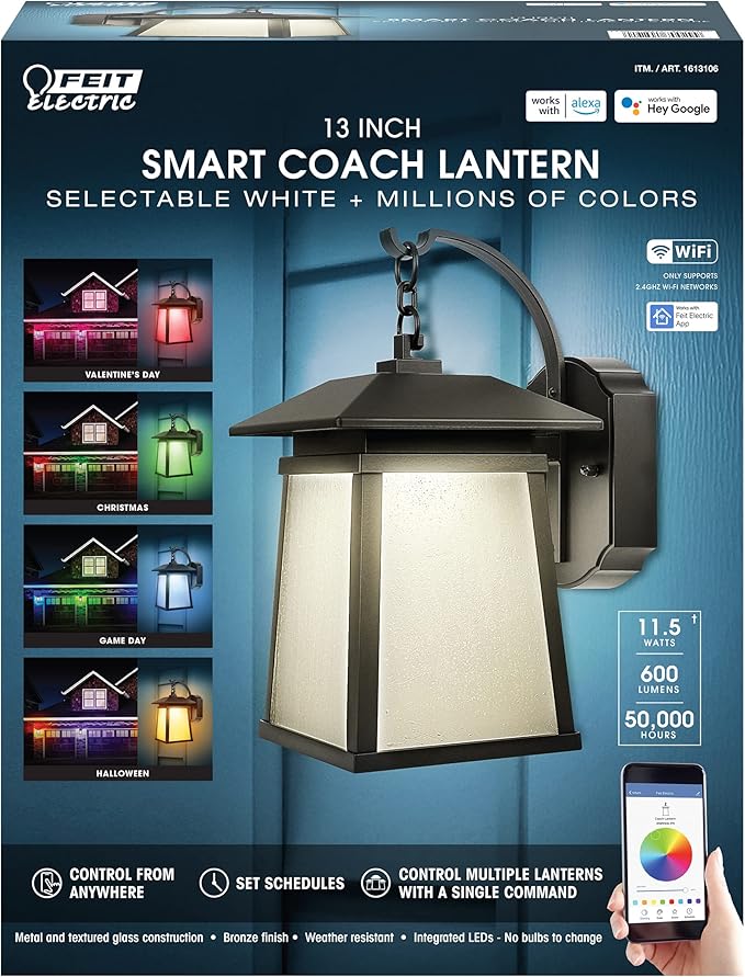 Feit Electric 13 Inch Smart WiFi LED Coach Lantern RGBW Compatible with Alexa and Hey Google