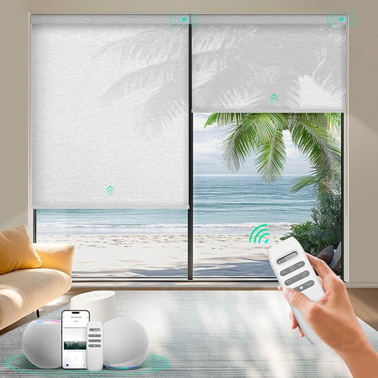 HeyBlinds Motorized Blinds with Remote, Smart Roller Shades with App&Voice Control, Work with Alexa Google HomeKit, Light Filtering Custom Shades for Living Room Office(Silver Lining-White Clouds LF)