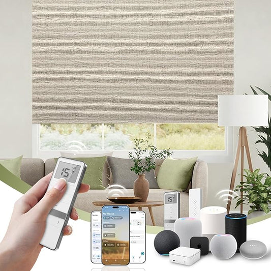 FineTell Motorized Blinds with Remote, 100% Blackout Roller Shades Compatible with Alexa,Apple Homekit,Google Home APP and Voice Control, Customized Electric Blinds (100% Blackout Classic Sandy)