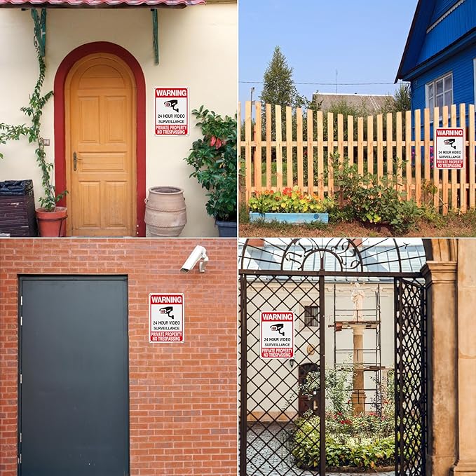 WOUSEDO 4-Pack Private Property No Trespassing Sign,Video Surveillance Signs Outdoor,Rust Free Aluminum 10 x7 Inches Security Camera Sign for Home,Business,CCTV,UV Protected & Waterproof