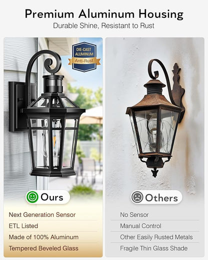 2 Packs Outdoor Lighting with Motion Sensor, Modern Dawn to Dusk Porch Light Fixture Wall Mount, Exterior Wall Lantern Sconce with Matte Black Finish, Waterproof Coach Lights for Garage, Patio