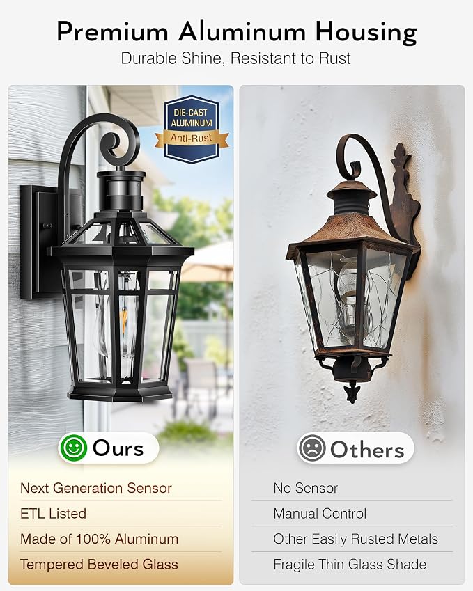 Motion Sensor Outdoor Wall Lights, Black Dusk to Dawn Porch Light