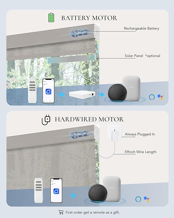 Motorized Light Filtering Shades Compatible with Alexa Google Smart Blinds Automatic Window Shade Remote Control 30% Blackout Foggy Grey