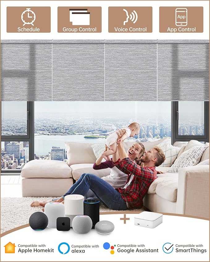 Kincmo Motorized Blinds with Remote, Light Filtering Roller Shades Work with Apple Homekit,Alexa,Google Home, Custom Electric Blinds with App,Voice Control (60% Blackout Atlantic Grey)
