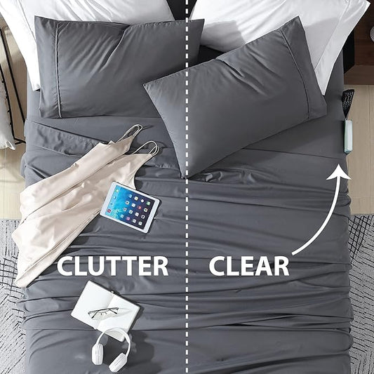Swift Home Smart Sheets, Ultra Soft Brushed Microfiber 3-Piece Sheet Set, Fitted Bed Sheet with Side Storage Pockets – Grey, Twin XL