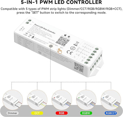 PAUTIX WiFi 5-in-1 LED Controller Dimmable for Monochrome CCT RGB RGBW RGBCCT LED Strip Lights Compatible with Tuya APP/Smart Life/Alexa/Google Home/Siri,DC12-24V Lights Controller(Without Battery)