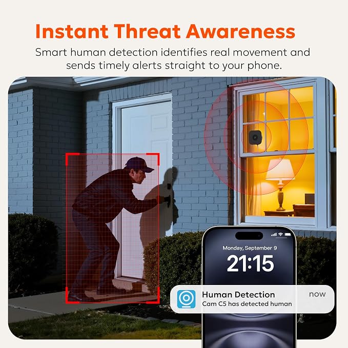 owltron 2K Window Camera, 5G & 2.4GHz WiFi Indoor Cameras for Home Security with Al Color Night Vision, Human/Motion Detection, Real-Time Alerts, Anti-Glare, Easy & Quick Install, 24/7 Recording