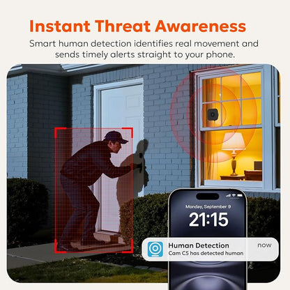 owltron 2K Window Camera, 5G & 2.4GHz WiFi Indoor Cameras for Home Security with Al Color Night Vision, Human/Motion Detection, Real-Time Alerts, Anti-Glare, Easy & Quick Install, 24/7 Recording
