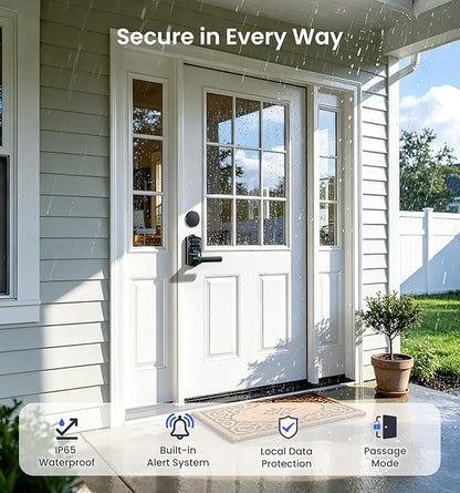 Veise VE029-E Wi-Fi Smart Lock with Handle & Non-Keyed Deadbolt, Fingerprint Keyless Entry Lock for Front Door, APP Remote Control, Keypad Electronic Digital Knob, IP65 Waterproof, Matte Black