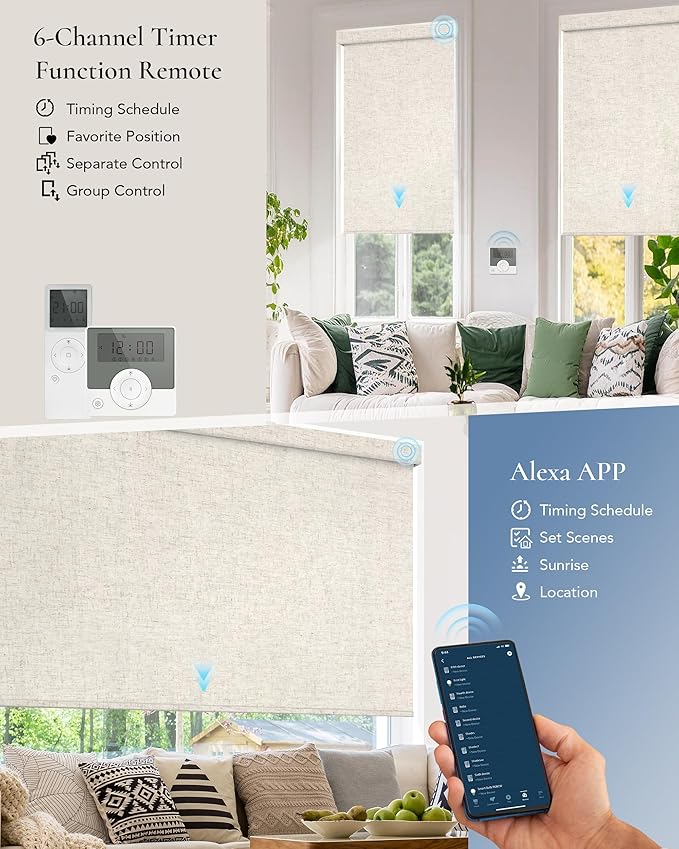 Motorized Light Filtering Shades Compatible with Alexa Google Smart Blinds Automatic Window Shade Remote Control 70% Blackout Linen Beige