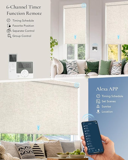 Motorized Light Filtering Shades Compatible with Alexa Google Smart Blinds Automatic Window Shade Remote Control 70% Blackout Linen Beige