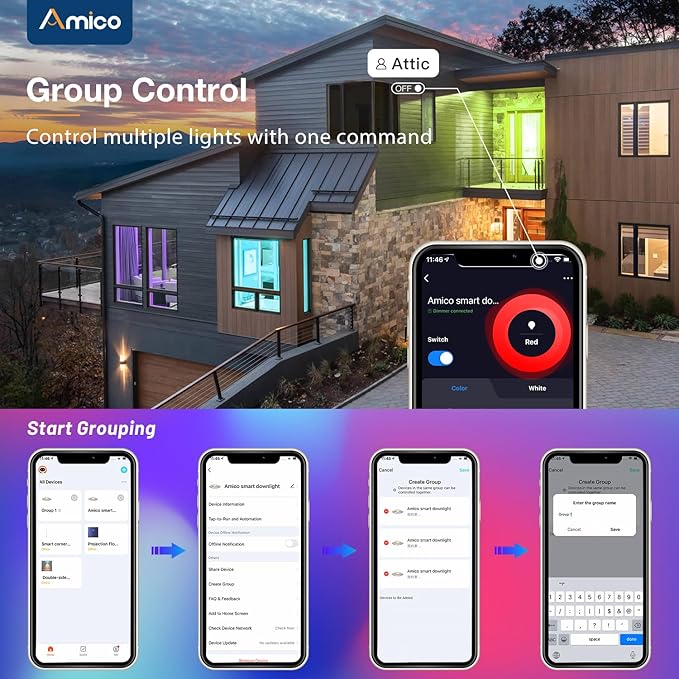 Amico 6 Pack 5/6 Inch Smart WiFi LED Recessed Can Lights, RGBCW Color Changing Retrofit Recessed Lighting, Baffle Trim, APP Control, Dimmer Compatible, 12W=110W 1100LM, IC & ETL