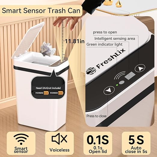 FRESHLIX 3 Pack Bathroom Trash Can 2.6 Gallon Small Touchless Automatic Motion Sensor Trash Cans Slim Waterproof Garbage Bin with Lid for Kitchen, Office, Bedroom White