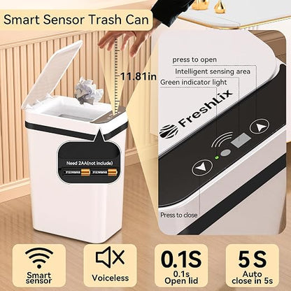 FRESHLIX 3 Pack Bathroom Trash Can 2.6 Gallon Small Touchless Automatic Motion Sensor Trash Cans Slim Waterproof Garbage Bin with Lid for Kitchen, Office, Bedroom White