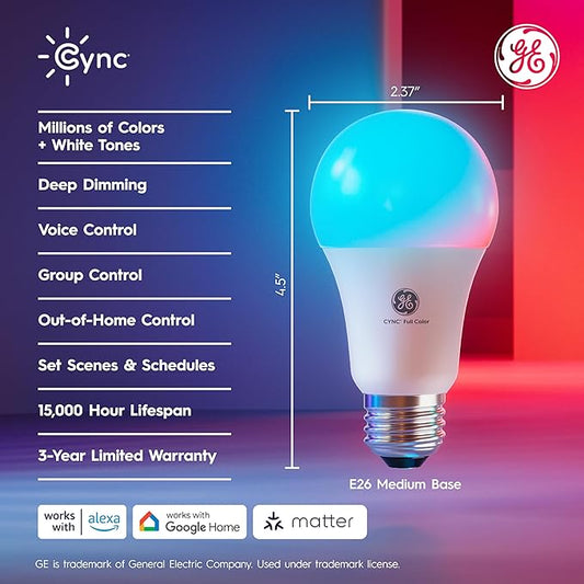 Cync Direct Connect A21 Smart LED Light Bulb, Color Changing Smart Lights, Matter Compatible, Compatible with Alexa and Google Home (4 Pack)