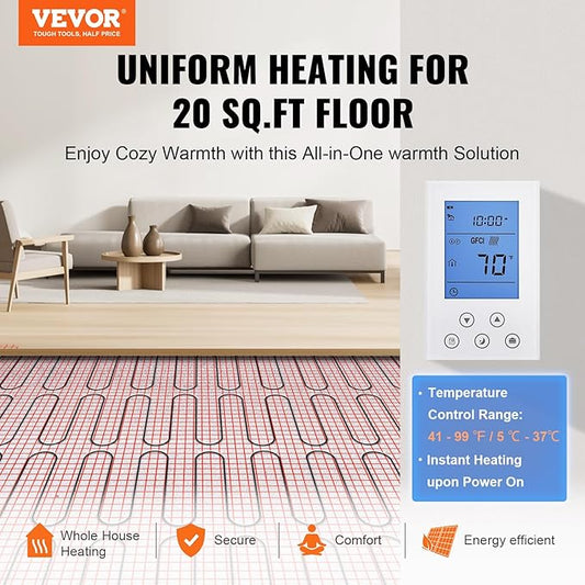 VEVOR Floor Heating Mat, 20 Sq. ft, Electric Radiant in-Floor Heated Warm System with Digital Floor Sensing Thermostat, Includes Installation Monitor, Adhesive Back for Easy Installation on The Floor
