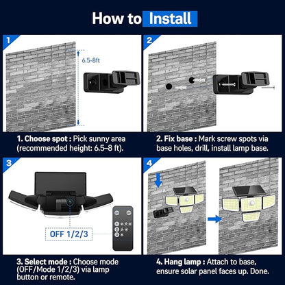 Adewalk Solar Outdoor Motion Lights - Upgraded 4Packs 4 Heads 188 LED Security Lights with Motion Sensor Lights, IP65 Waterproof 270° Wide Angle Flood Wall Lights for Home Darkroom Backyard