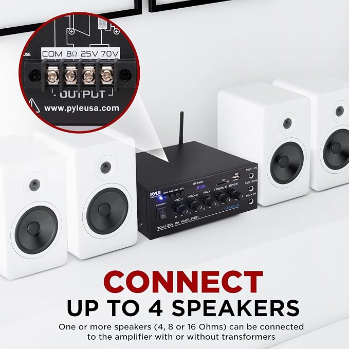 Pyle Compact Mini Home Power Amplifier - 40W Smart Small Audio Stereo Receiver w/ AUX 2 Microphone IN COM/8-Ohm/25V/70V Speakers LED Input Selector For PA Amplified Speaker Sound System - PCM20A