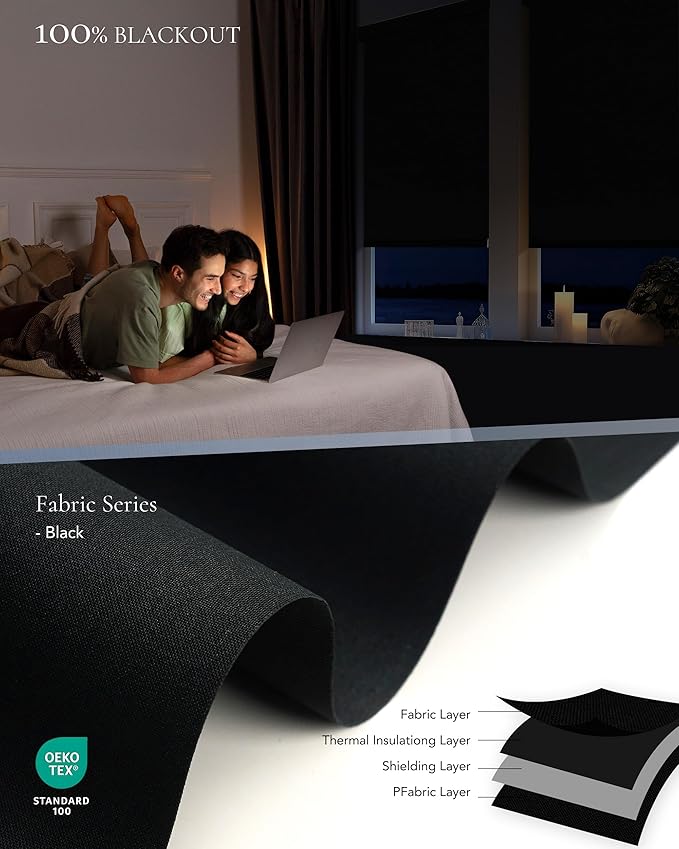 Motorized Blinds Compatible with Alexa Google 100% Blackout Smart Blind Automatic Window Roller Shades Remote Control Custom Size Double-Sided Fabric Black