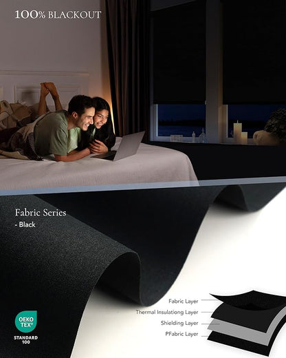 Motorized Blinds Compatible with Alexa Google 100% Blackout Smart Blind Automatic Window Roller Shades Remote Control Custom Size Double-Sided Fabric Black