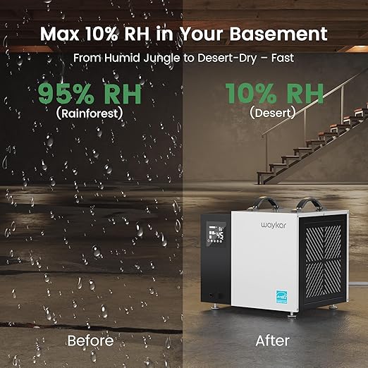 Waykar 70 Pint Energy Star Crawl Space Dehumidifier with Pump, Commercial Dehumidifier for Basements and Home, for Spaces up to 5000 Square Feet, Smart Humidity Control - 5-Year Quality Coverage