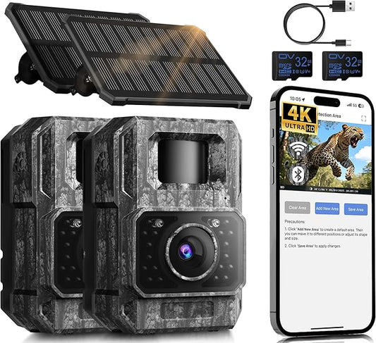 MAXDONE Solar Trail Camera WiFi Bluetooth 2 Pack - 4K 64MP Game Camera with Night Vision Motion Activated, Deer Camera with Built-in Battery Rechargeable Power, Trail Cam Wildlife Cameras IP66