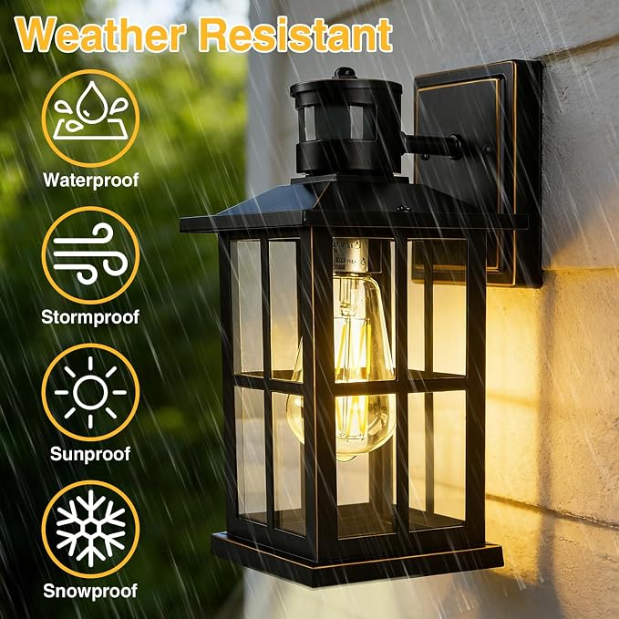 2 Pack Outdoor Motion Sensor Porch Light, Black Exterior Wall Lantern Lighting Fixtures,Dusk to Dawn Outdoor Wall Lights, Waterproof Front Porch Light Outside for Garage, Patio,House.