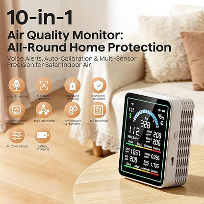 Air Quality Monitor Indoor, 10 in 1 Portable Smartair Quality Tester for CO2 | CO | TVOC | HCHO | Temp | AQI | PM0.3-1 Detection Suitable for Home, Cars, Plants, Pets and Hotels