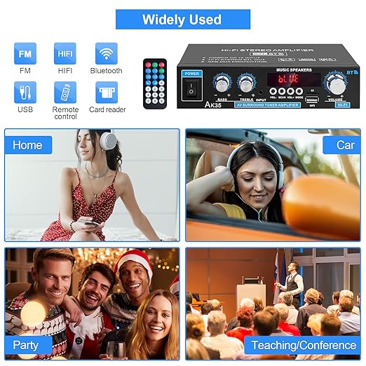 Home Audio Amplifier AK-35 HiFi Bluetooth 5.0 Mini Stereo Power Amp Receivers 2.0 Channel RMS 30W x 2 Max. 200W Output with USB,AUX,FM Radio for Home Theater Speakers System