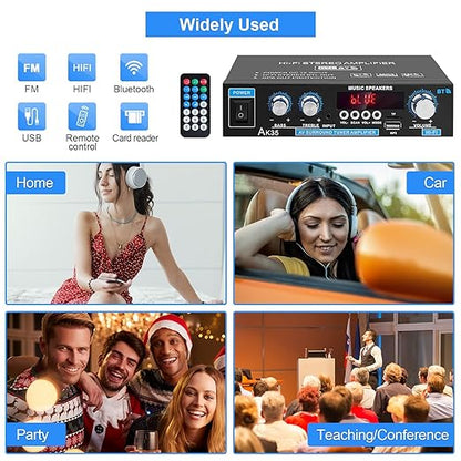 Home Audio Amplifier AK-35 HiFi Bluetooth 5.0 Mini Stereo Power Amp Receivers 2.0 Channel RMS 30W x 2 Max. 200W Output with USB,AUX,FM Radio for Home Theater Speakers System