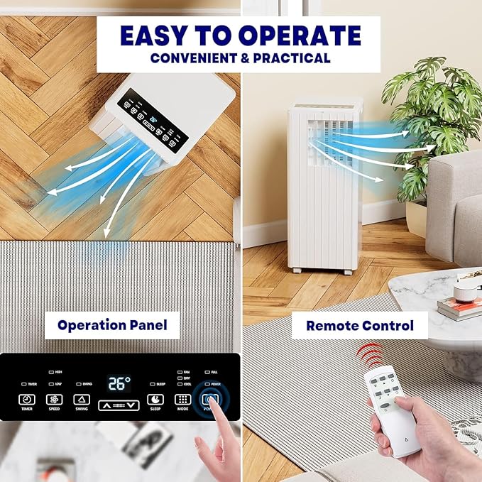 3 in-1 Portable Air Conditioner - 8,000 BTUs, Smart Remote Control, LED Display, Dehumidifier & Fan Modes, Ideal for Rooms up to 350 sq.ft