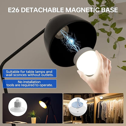 Rechargeable Battery Night Light Bulb: 3000mAh LED Bulb with Remote Control for Lamp, Wireless E26 USB Puck Light 400LM with Timer, 3 Color Temperature+12 RGB Color, Magnetic Camping Outdoor , 2pcs