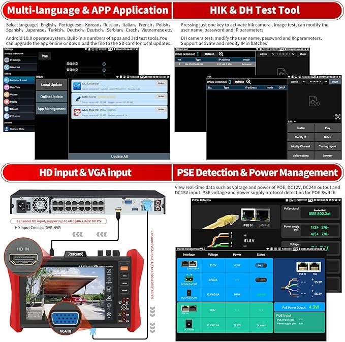 Rsrteng CCTV Tester 4K 12MP IP Camera Tester POE++ Max 90W POE Camera Tester OPM/VFL/DMM,8MP TVI/CVI/AHD/CVBS Coaxial Camera Tester,1CH SFP Module,WiFi,Network Tools,Cable Tester,HD/VGA,POE Detection