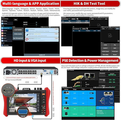Rsrteng CCTV Tester 4K 12MP IP Camera Tester POE++ Max 90W POE Camera Tester OPM/VFL/DMM,8MP TVI/CVI/AHD/CVBS Coaxial Camera Tester,1CH SFP Module,WiFi,Network Tools,Cable Tester,HD/VGA,POE Detection