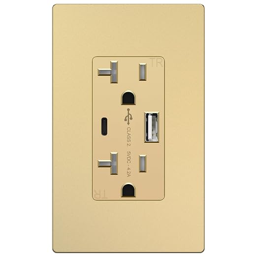TOPGREENER USB Outlets, 20 Amp Wall Outlet with USB Ports, Gold, 1 Pack | UL Listed, 4.2A USB Outlets Receptacles with Type A&C Ports, Tamper Resistant Receptacle, Wall Plate Included, TU22036AC-GD