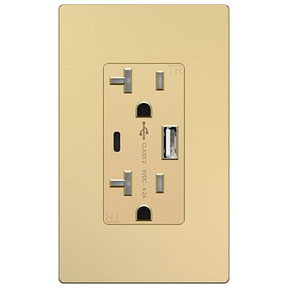 TOPGREENER USB Outlets, 20 Amp Wall Outlet with USB Ports, Gold, 1 Pack | UL Listed, 4.2A USB Outlets Receptacles with Type A&C Ports, Tamper Resistant Receptacle, Wall Plate Included, TU22036AC-GD