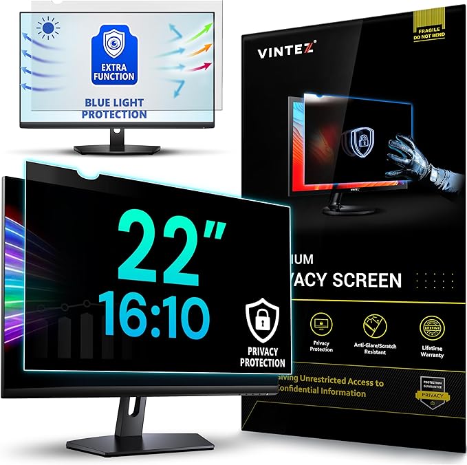VINTEZ 22 Inch 16:10 Privacy Screen for Computer Monitor and Laptop - Anti Glare Protector Film Blue Light Filter Eye Protection - Computer Screen Privacy Shield, [1 Pack]