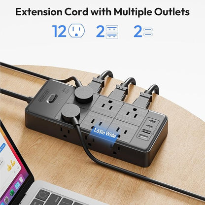 Extension Cord 15FT, NTONPOWER Long Cord Power Strip with USB Ports, 12 Outlets & 4 USB Ports (2 USB C), 3 Side Outlet Extender Flat Plug Wall Mounted for Home Office