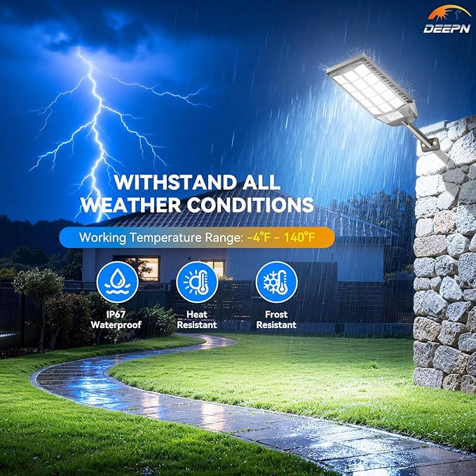 Deepn Solar Lights Outdoor Waterproof, Solar Street Lights Outdoor, 6500K LED Dusk to Dawn Security Flood Light Motion Sensor with Remote Control for Yard, Parking Lot, Porch, Garages, Garden, 2 Pack