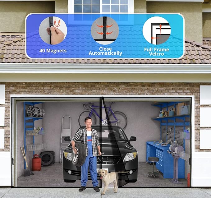 Garage Door Screen For 1 Car 12x7FT, Magnetic Screen Garage with Retractable Fiberglass Mesh and Heavy Duty Weighted Bottom, Easy Assembly & Pass, Hands Free Screen Door w/ 40 Magnets for Garage/Patio